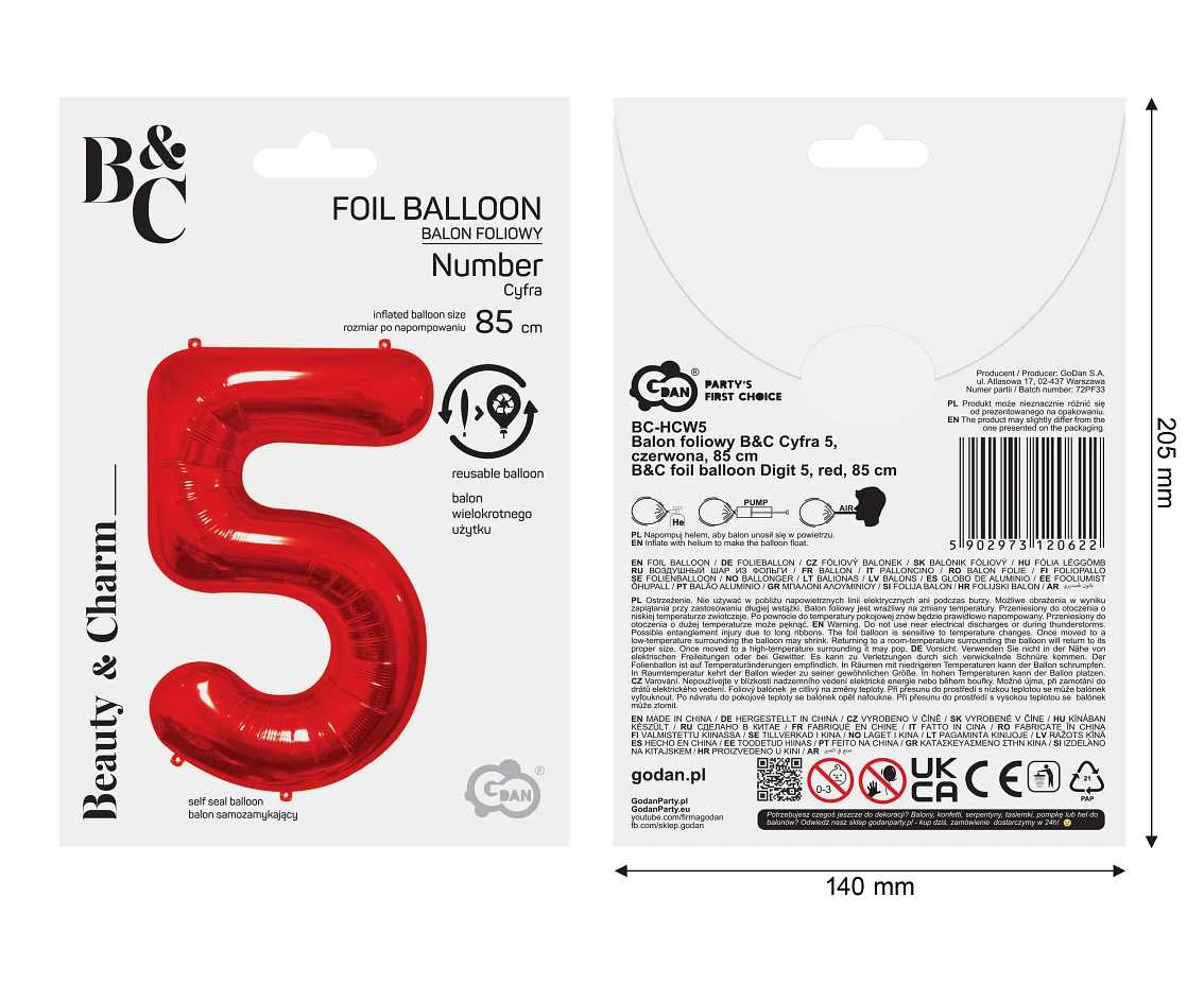 Balon foliowy B&C Cyfra 5, czerwona, 85 cm